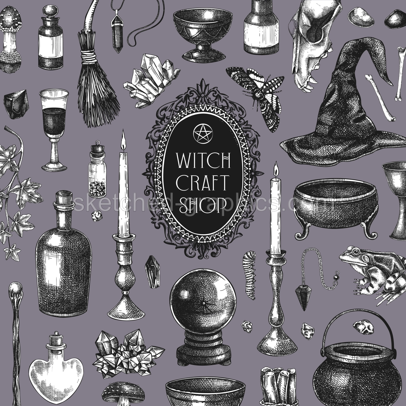 Witchcraft background. Vinatge Halloween sketches. Hand-drawn vector illustration. Bohemian style witch craft shop banner. NOT AI generated Illustration